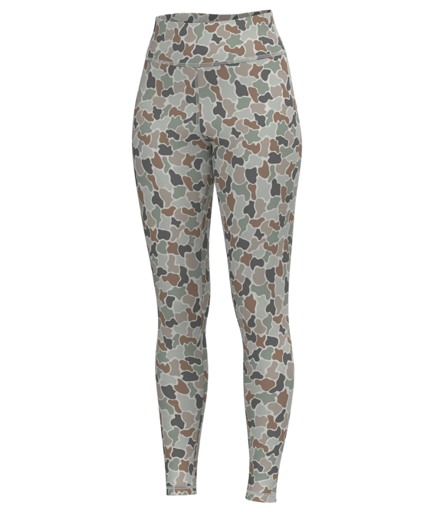 High-waisted leggings with an all-over camouflage pattern in muted green, brown, gray, and beige tones, shown against a plain white background.