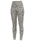 High-waisted leggings with an all-over camouflage pattern in muted green, brown, gray, and beige tones, shown against a plain white background.