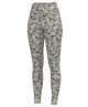 High-waisted leggings with an all-over camouflage pattern in muted green, brown, gray, and beige tones, shown against a plain white background.