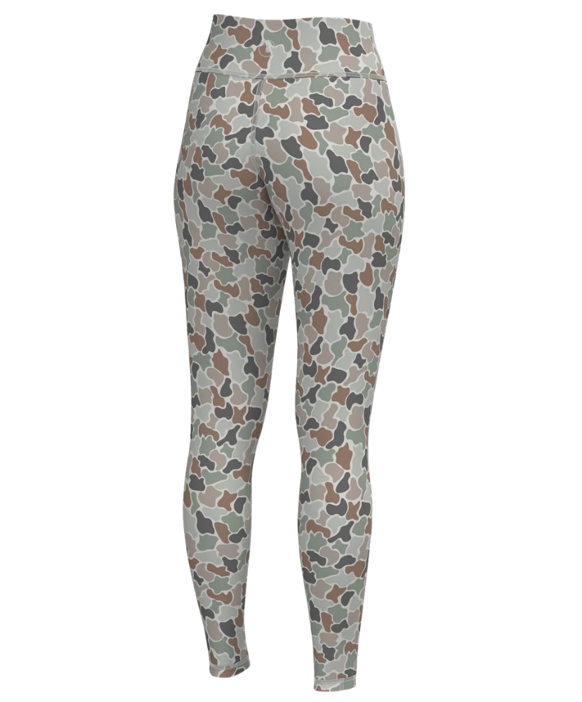 High-waisted camouflage leggings shown from the back on a white background.