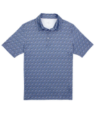 Blue patterned polo shirt on a white background