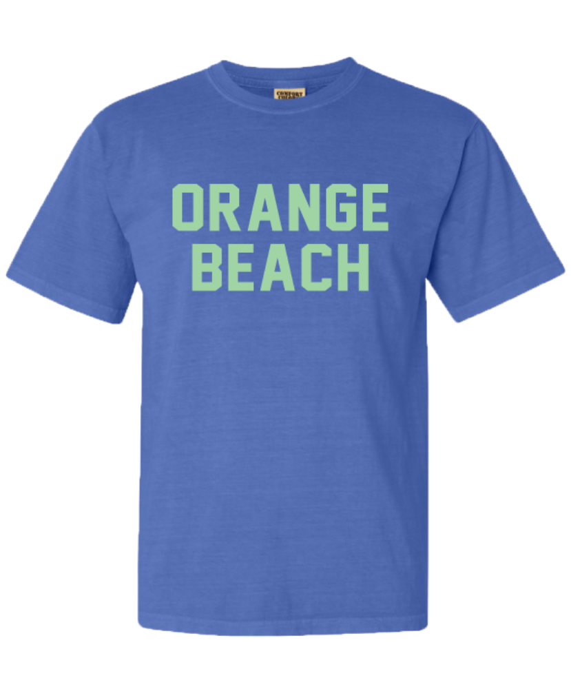 Blue t-shirt with 'Orange Beach' text on a white background
