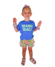 Young girl wearing a blue 'Orange Beach' shirt and floral shorts on a white background