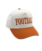 White and orange cap with 'FOOTBALL' text on a white background