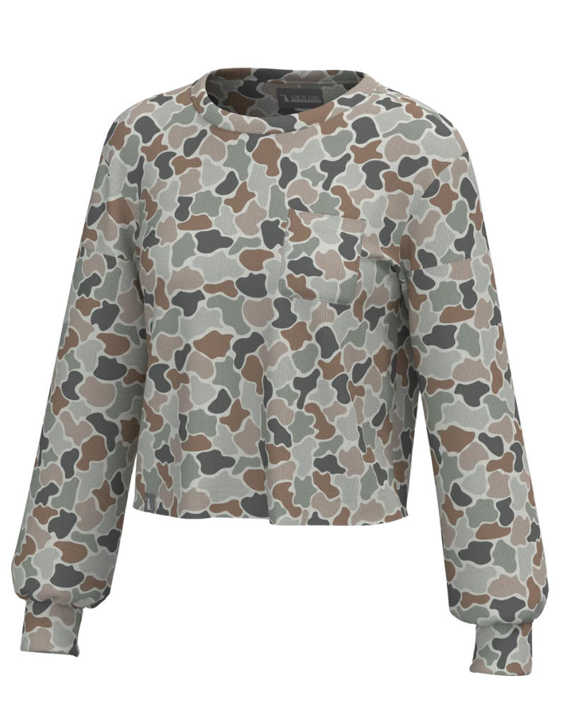 Camouflage-patterned sweatshirt on a white background