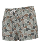 Camouflage-patterned women's shorts on a white background