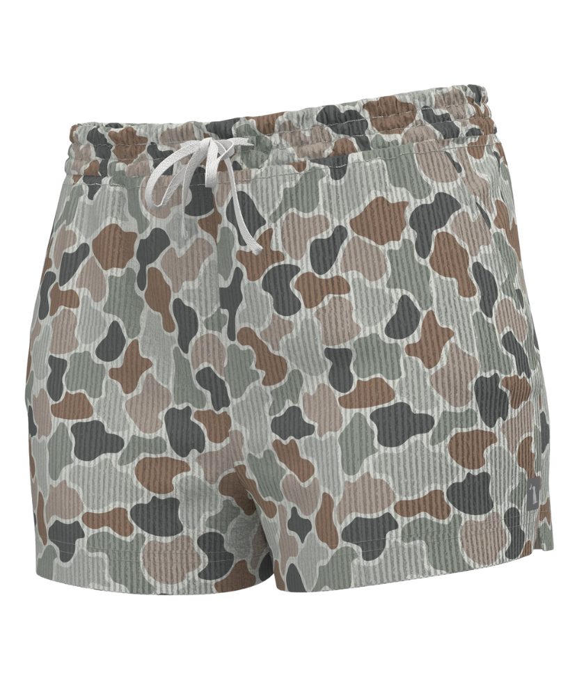Camouflage-patterned women's shorts on a white background