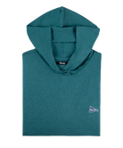 Teal hoodie with a small logo on a white background