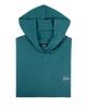 Teal hoodie with a small logo on a white background