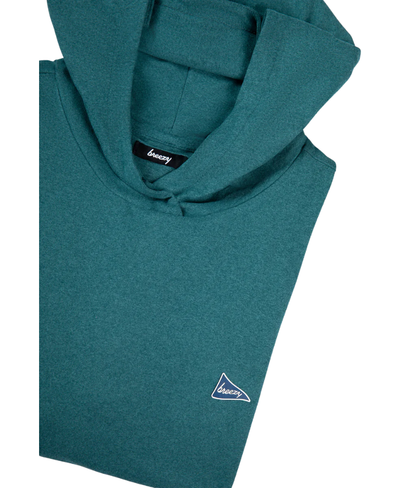 Teal hoodie with Breezy brand logo on a white background
