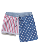 Two pairs of shorts with American flag patterns on a white background