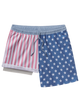 Two pairs of shorts with American flag patterns on a white background