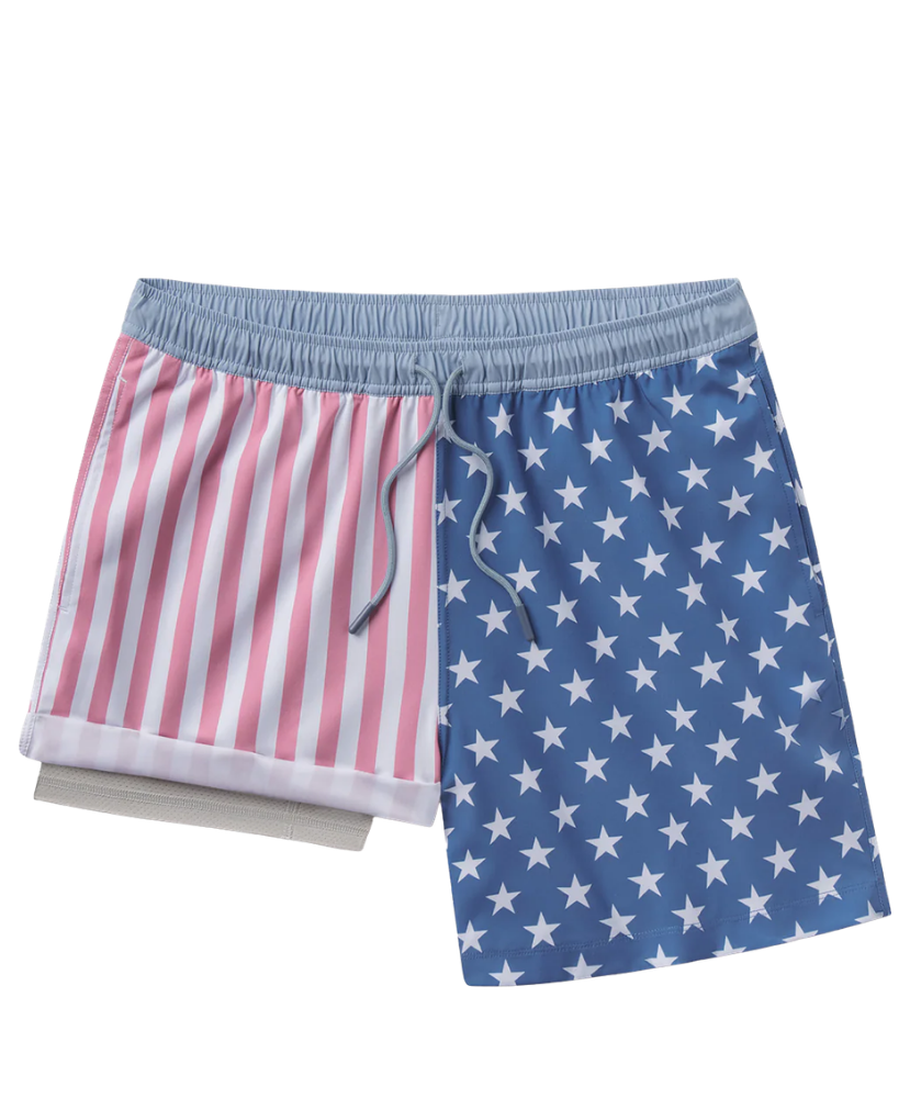 Two pairs of shorts with American flag patterns on a white background