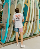 Person standing in front of a display of surfboards wearing a white t-shirt and colorful shorts.