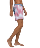 Person wearing American flag patterned swim shorts on a white background