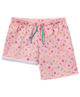 A pair of men's swim shorts with a pink base and a pattern that includes various beach and summer-themed graphics in multiple colors.