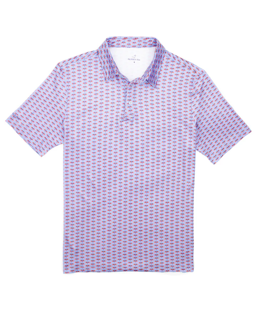 A Red Whit & Blue inlet polo shirt with a monochromatic text logo on the left sleeve and a 2-button placket.