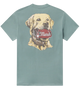T-shirt with a yellow lab holding a can graphic and 'Marsh' logo on the back, on a light green background