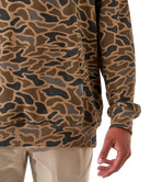 Camouflage-patterned hoodie with a pocket on a white background