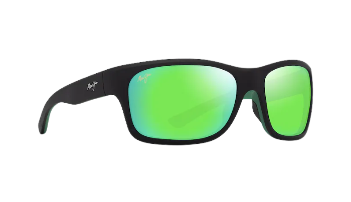 Black sunglasses with green lenses on a white background Maui Jim
