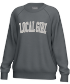 Gray sweatshirt with 'LOCAL GIRL' text on a white background