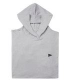 Gray hoodie with a small black logo on a white background