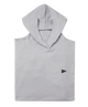 Gray hoodie with a small black logo on a white background