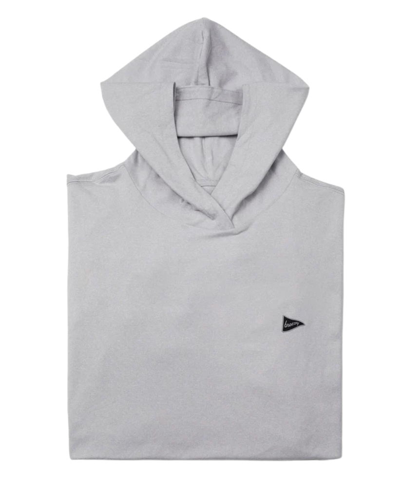 Gray hoodie with a small black logo on a white background