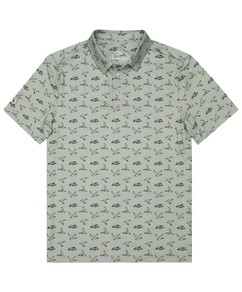 Green flying duck patterned polo shirt on a white background