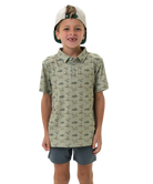 Child wearing a flying duck patterned shirt and cap on a white background