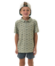 Child wearing a flying duck patterned shirt and cap on a white background