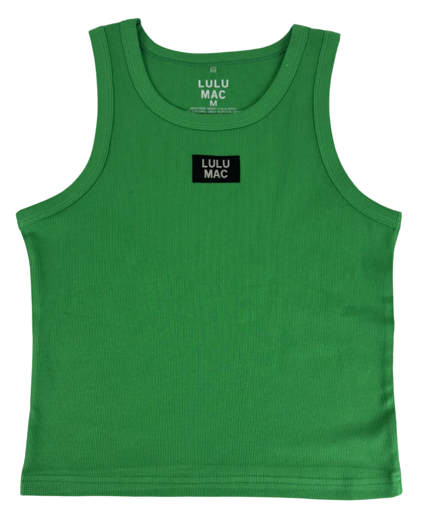 Green tank top with Lulu Mac logo on a white background