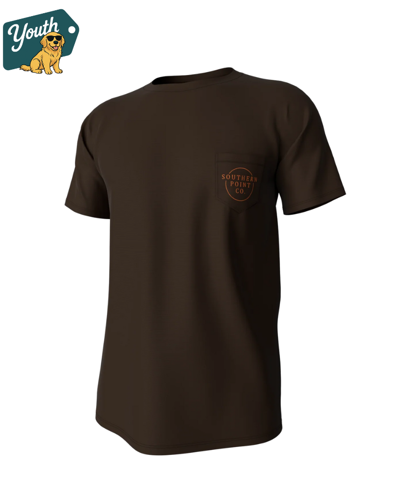 Youth Brown t-shirt with a southern point logo on the chest against a white background