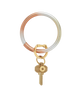Keychain with a gold key and two-tone rubber band on a white background