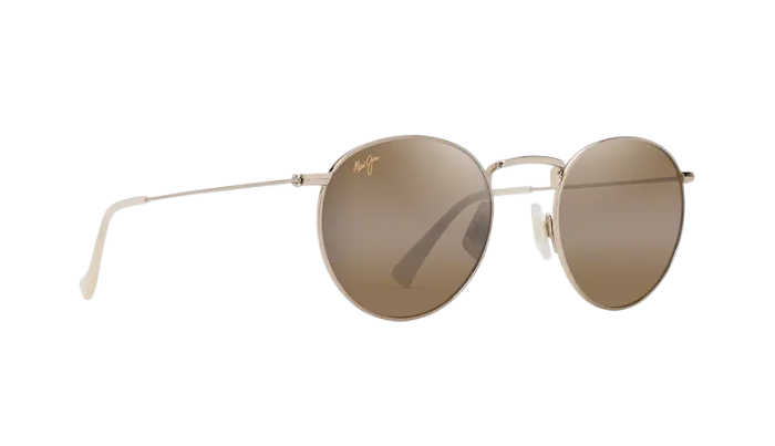 Round sunglasses with gold frame and brown lenses on a white background