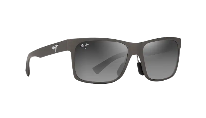 Sunglasses with a dark frame and gray lenses on a white background