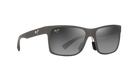 Sunglasses with a dark frame and gray lenses on a white background