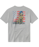 Gray t-shirt with a graphic of a dog wearing a cap on an American flag background.