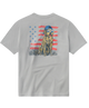 Gray t-shirt with a graphic of a dog wearing a cap on an American flag background.
