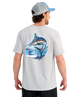 Man wearing a light gray t-shirt with a MARLIN fish graphic and logo on the back, standing against a white background.