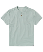Light blue henley shirt with a pocket on a white background
