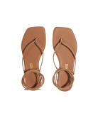 Pair of brown sandals with ankle straps on a white background