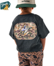 Child wearing a dark gray t-shirt with a colorful duck graphic and text, standing against a white background.