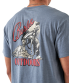 Blue t-shirt with a graphic of a cowboy on horseback and text 'Burlebo Outdoors' on the back.