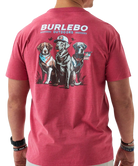 Red t-shirt with Burlebo Outdoors logo and dog illustrations on the back