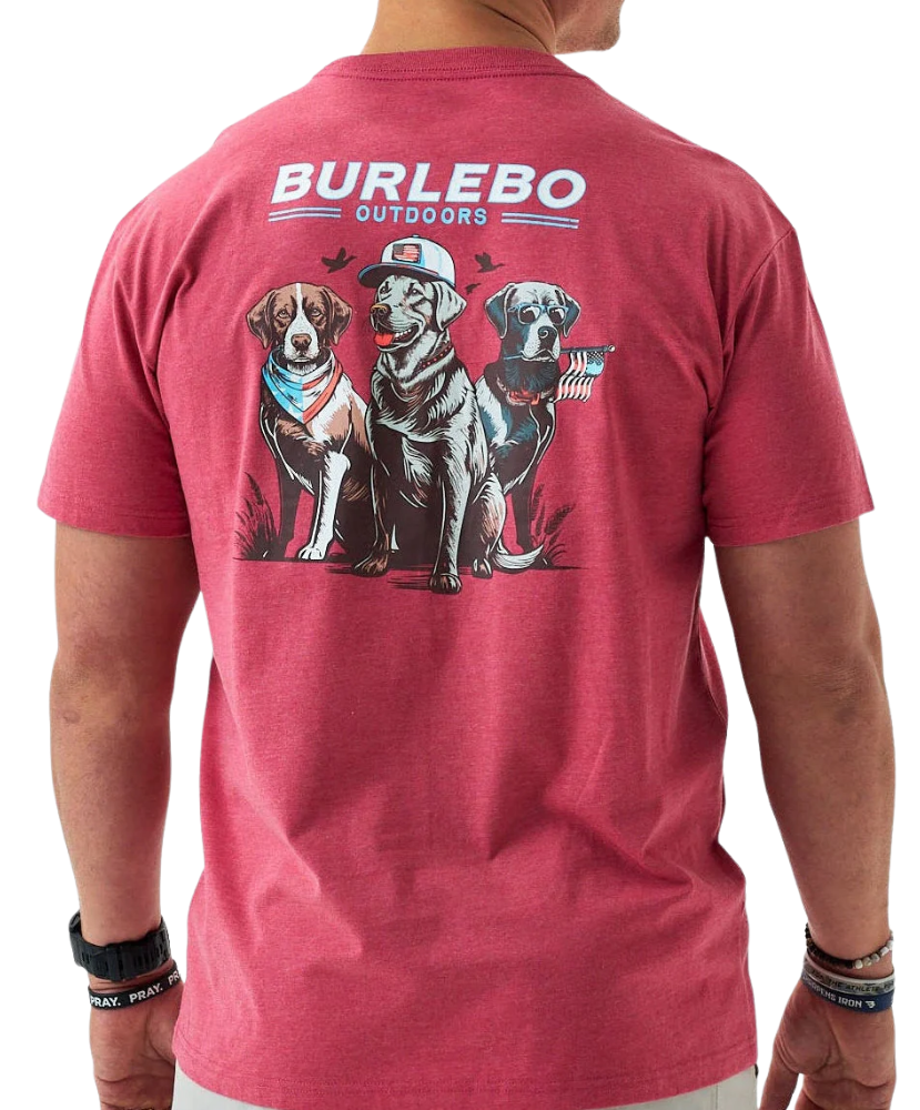 Red t-shirt with Burlebo Outdoors logo and dog illustrations on the back