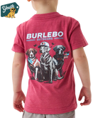 Child wearing a red t-shirt with 'Burlebo Outdoors' and dog graphics on a white background