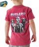 Child wearing a red t-shirt with 'Burlebo Outdoors' and dog graphics on a white background