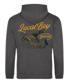 Gray hoodie with 'Local Boy Outfitters' logo and duck design on the back