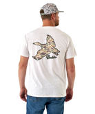 Man wearing a white t-shirt with a camouflage duck design on the back, standing against a white background.